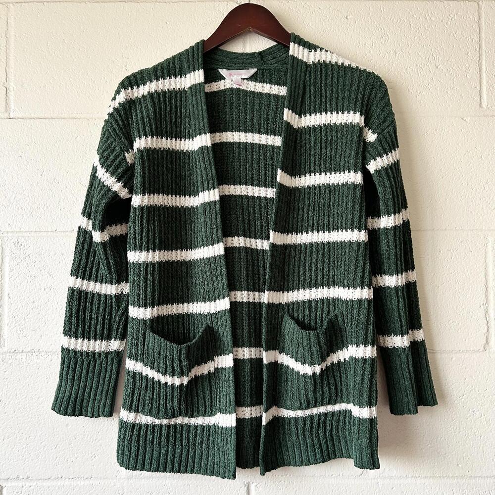 No Boundaries Green Striped Long Sleeve Chunky Knit Open Cardigan Women's Small